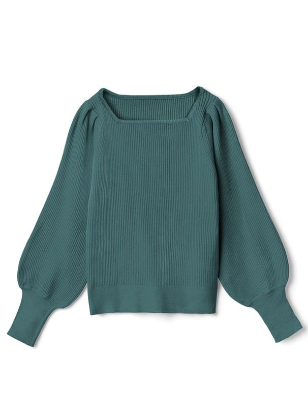 日本 GRL - 方領直羅紋氣球袖針織上衣-玫瑰粉