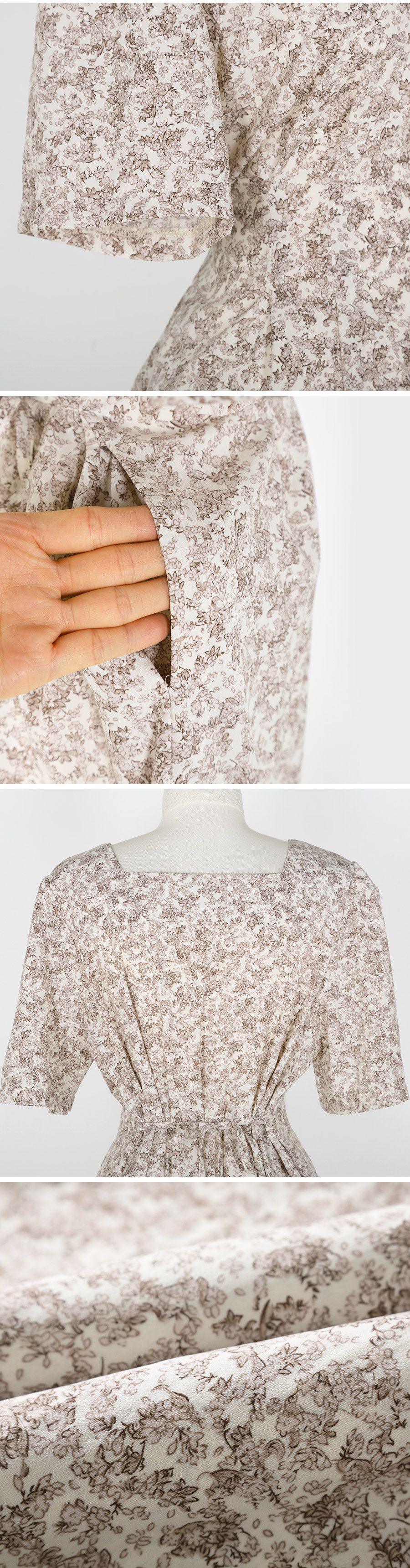 韓國 Urbantheroom - ㄩ字領收腰綁帶拼接洋裝-白底碎花 (Free)