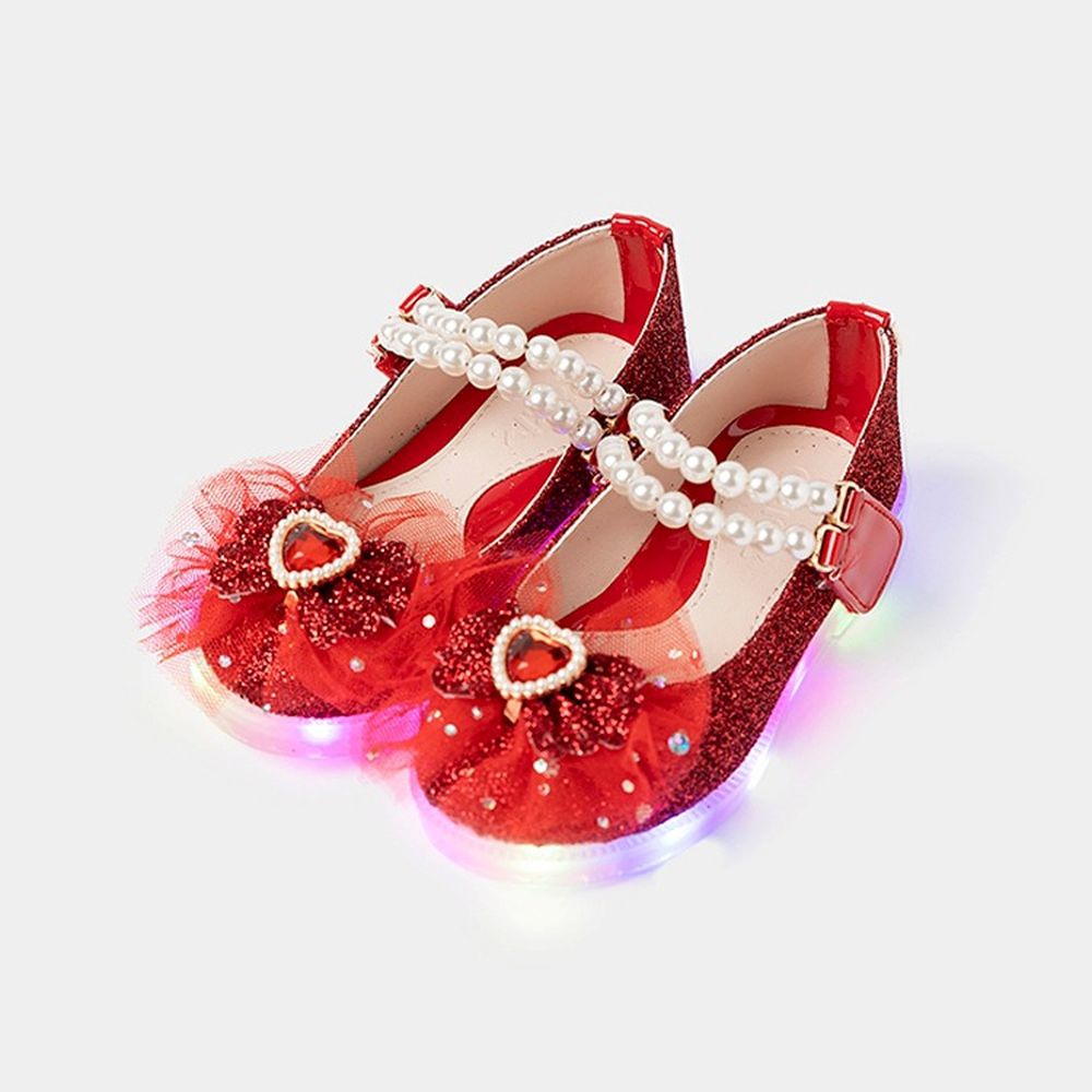 (LED)豔麗紅寶石蝴蝶結珍珠公主鞋-紅