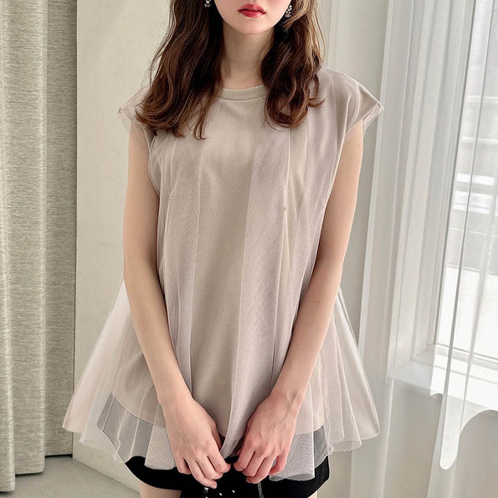 甜美薄紗層次法式袖上衣-灰棕 (F)