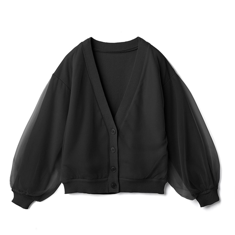 日本 GRL - 薄紗袖V領針織小外套-時尚黑
