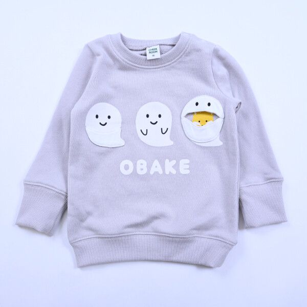 日本 Baby Room - 裏毛立體翻翻樂長袖上衣-可愛幽靈-淺灰