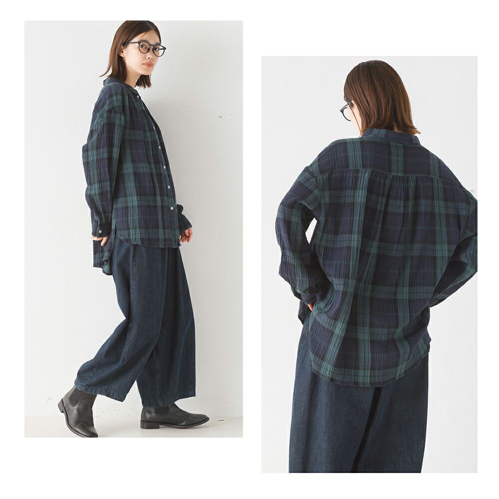 日本 OMNES - 翻領質感二重紗長袖襯衫-格紋-灰黑