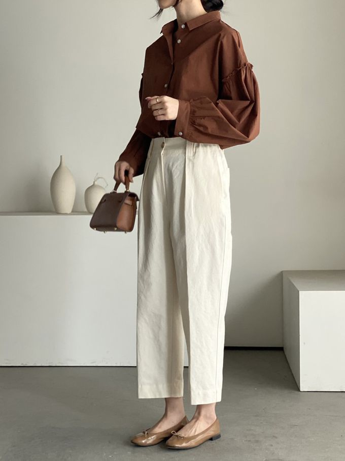 韓國女裝連線 - 極簡拼接翻領長袖襯衫-咖啡紅 (FREE)