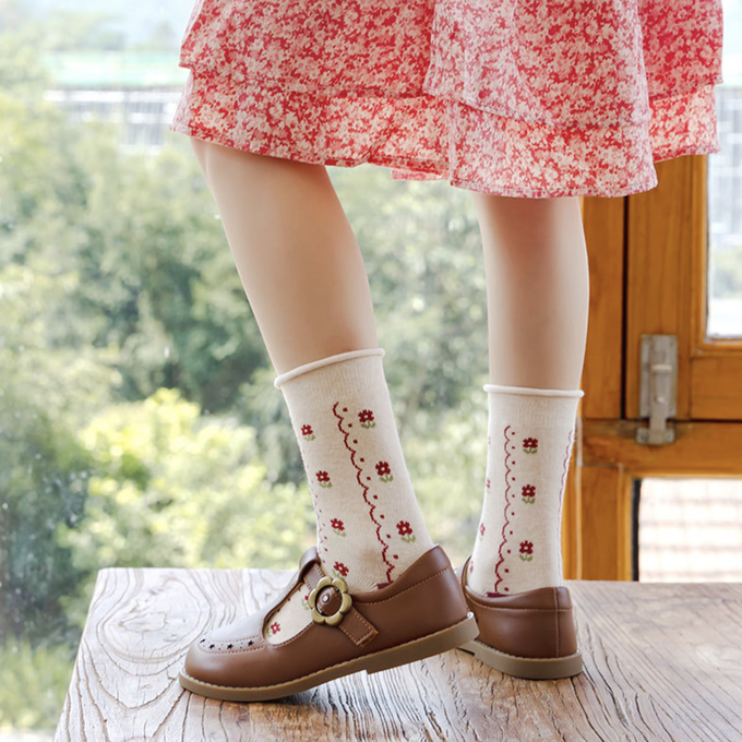 love, charlotte - 乾燥玫瑰色系田園小兔點膠室內防滑中筒棉襪-5 雙一組