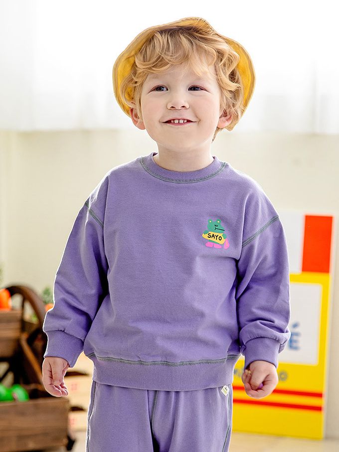 韓國 Pimpollo - 胸前鱷魚點綴圓領長袖套裝-粉橘