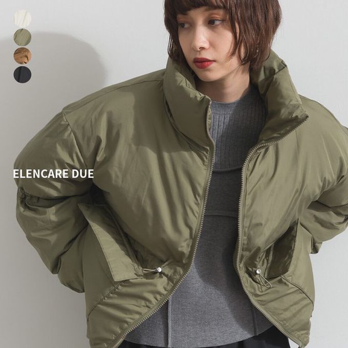 日本 ELENCARE DUE - 蓬鬆袖立領腰抽繩科技羽絨保暖外套-軍綠
