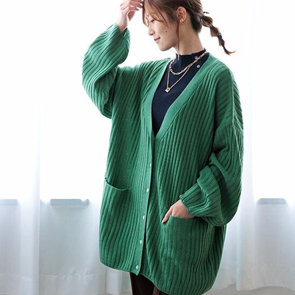 日本 ihuu - V領寬鬆坑條長版針織外套-草綠