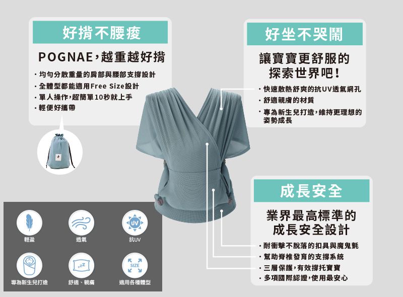 時尚、輕巧、包覆性首選【韓國 POGNAE】新生兒親密背巾