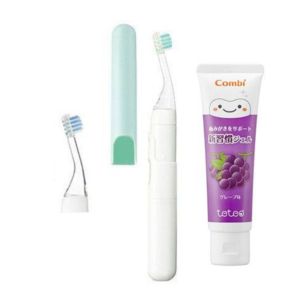 日本 Combi - teteo 幼童電動牙刷-1 + 1 實用組-電動牙刷-薄荷綠x1+替換刷頭x1+葡萄牙膏x1(含氟量500ppm)