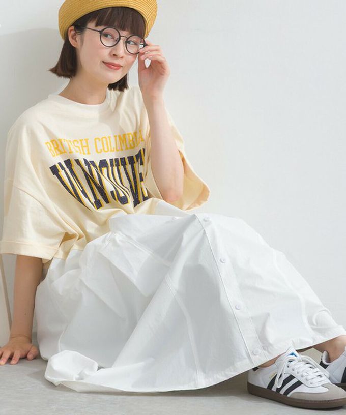 日本 Lupilien - 異素材撞色學院風俐落短袖洋裝-米白