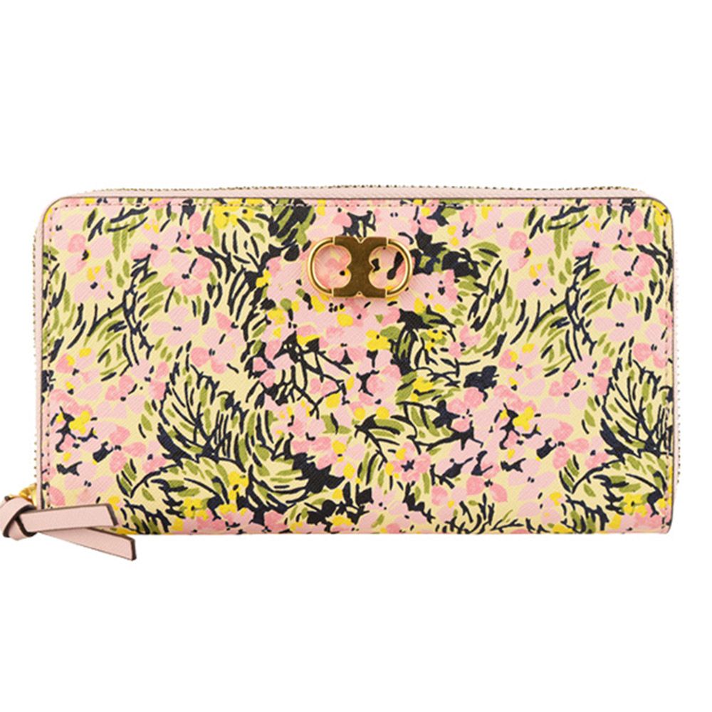 花卉皮革拉鏈長夾 (粉色)