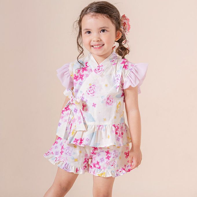 日本 Catherine Cottage - 甜美澎澎荷葉純棉二件式甚平-紫陽花與蝶-粉黃