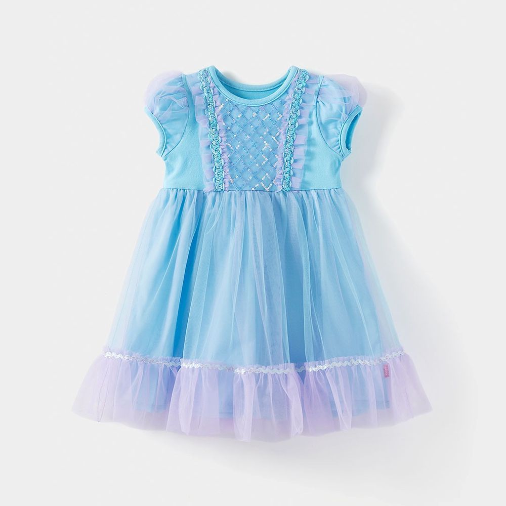 清爽拼接網紗公主洋裝-天藍