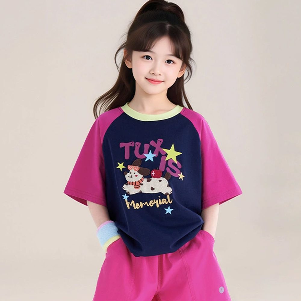 涼感撞色印花短袖上衣/T恤-藏青x紫紅