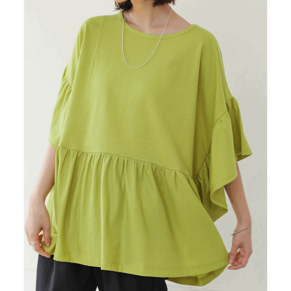 透氣嫘縈飄逸大寬袖上衣-黃綠