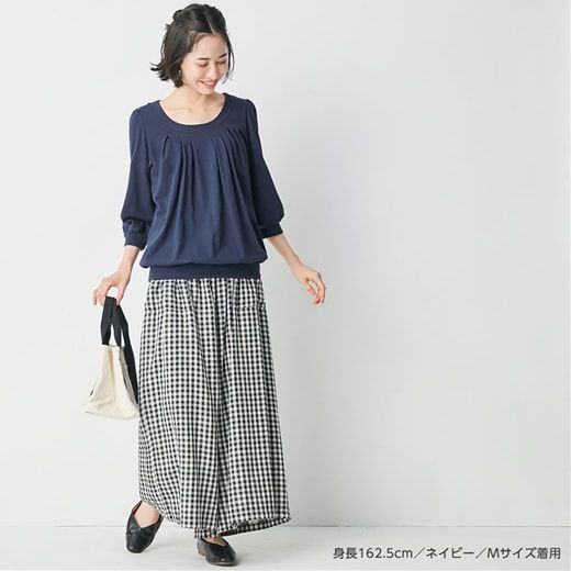 日本 BELLUNA - 100%棉柔軟抓皺長袖上衣-海軍藍