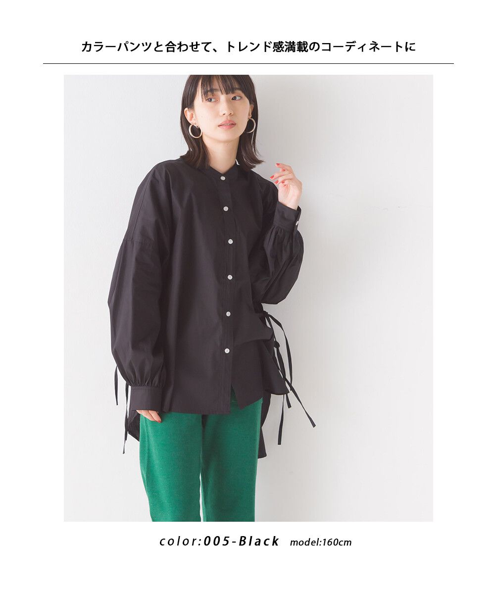 日本 OMNES - 優雅側綁帶立領氣球袖襯衫-時尚黑