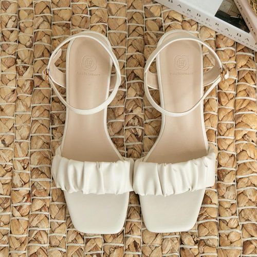 韓國 PINKELEPHANT - 皺褶感繫帶粗跟涼鞋(6cm)-白