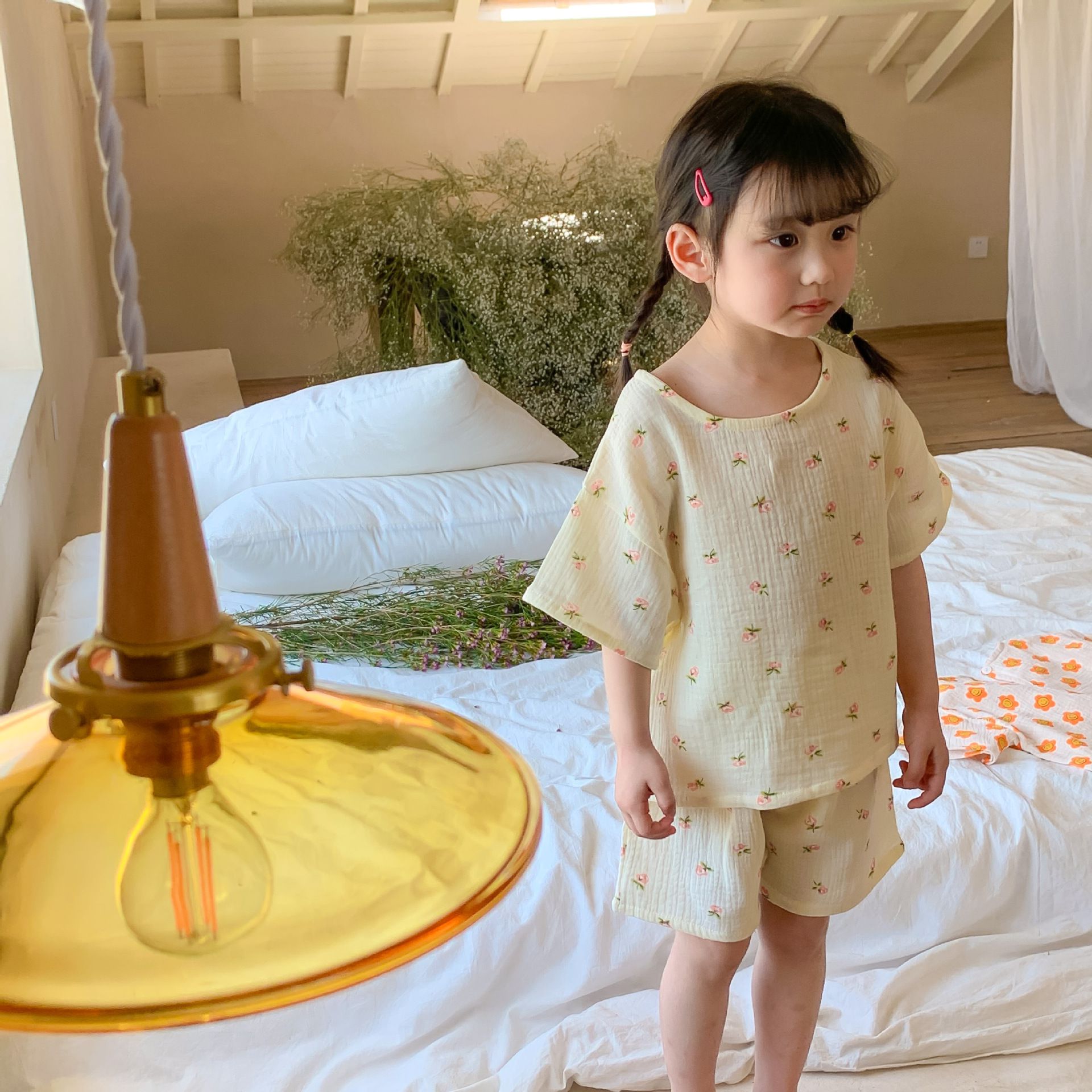 紗布棉短袖家居服套裝-小碎花-奶油色