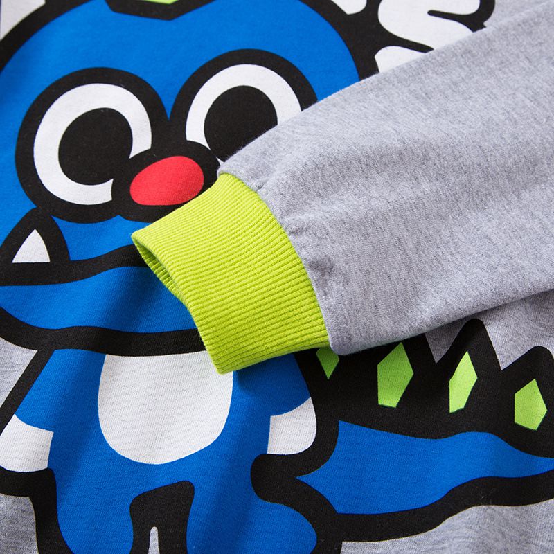 純棉立體連帽長袖上衣/帽T-傻傻恐龍-藍色