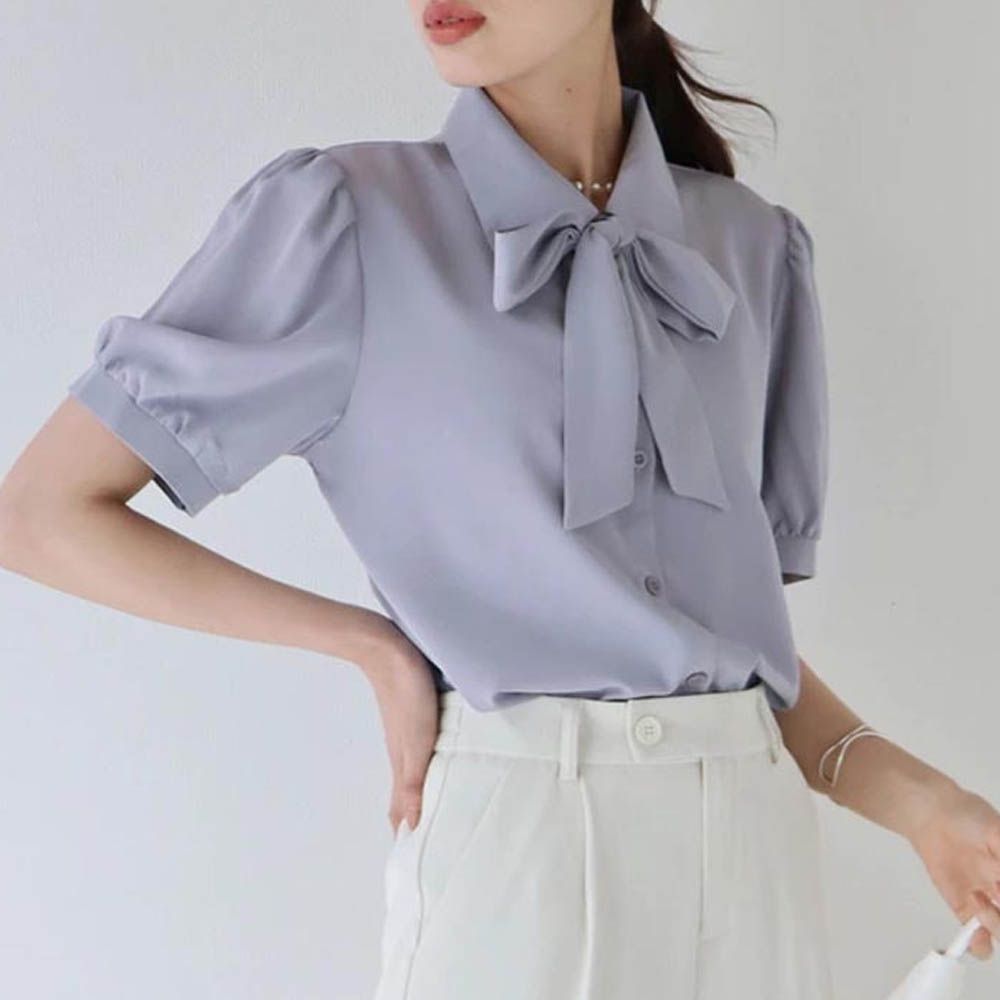 氣質蝴蝶結雪紡小澎袖襯衫-灰藍
