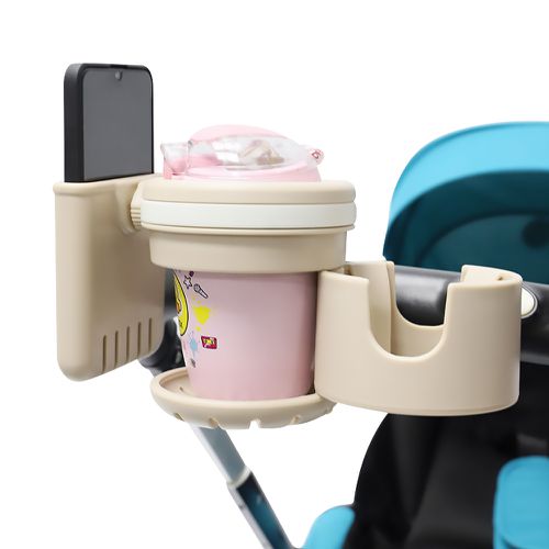 JoyNa - 三合一嬰兒推車手機杯架 多功能雙杯架 推車飲料杯架-卡其色