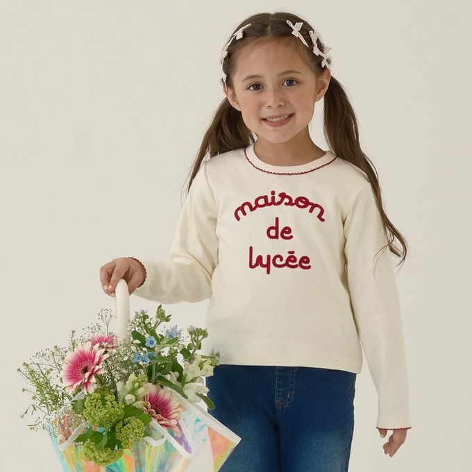 日本 Lycee mine - 100%棉 優雅法式植絨印花長袖上衣-淺藍