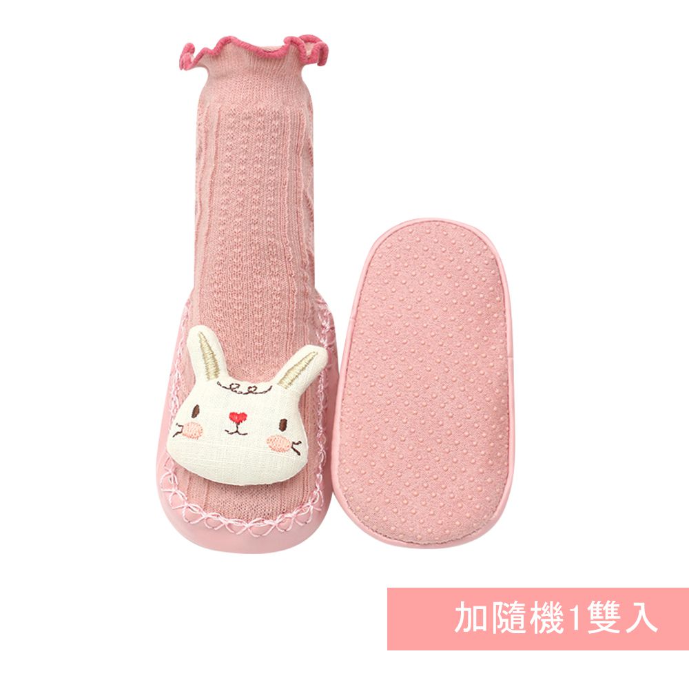 JoyNa - 2雙入-立體娃娃學步鞋襪 捲邊襪筒 底部防滑點膠-粉色小兔+隨機1雙