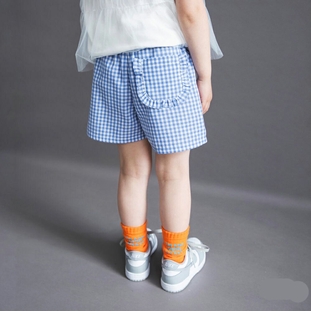 清爽可愛摺邊後口袋短褲-小格子-水藍