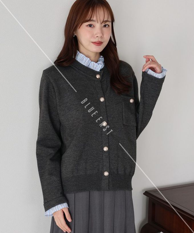 日本 BLUE EAST - 甜心假二件荷葉領金扣開襟衫-深咖啡 (M)