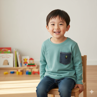 akachan honpo - T恤-丹寧布口袋-淺藍色