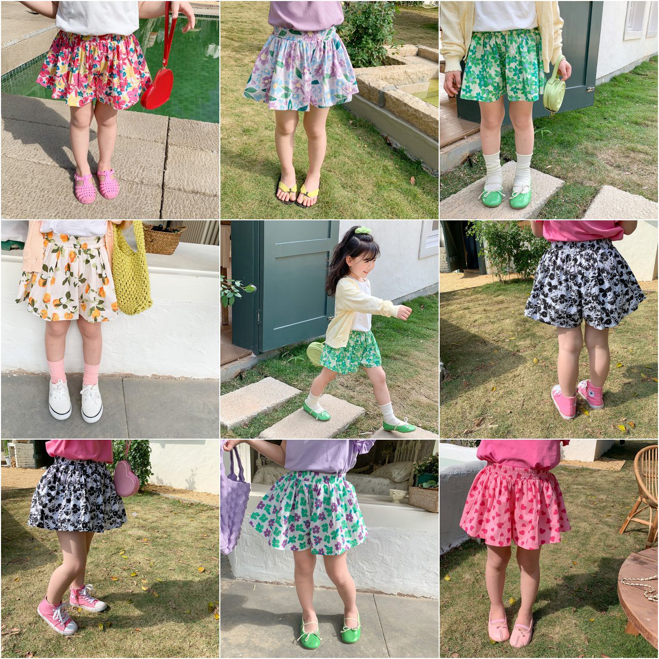 腰鬆緊小清新碎花短褲-水墨畫花-黑+白