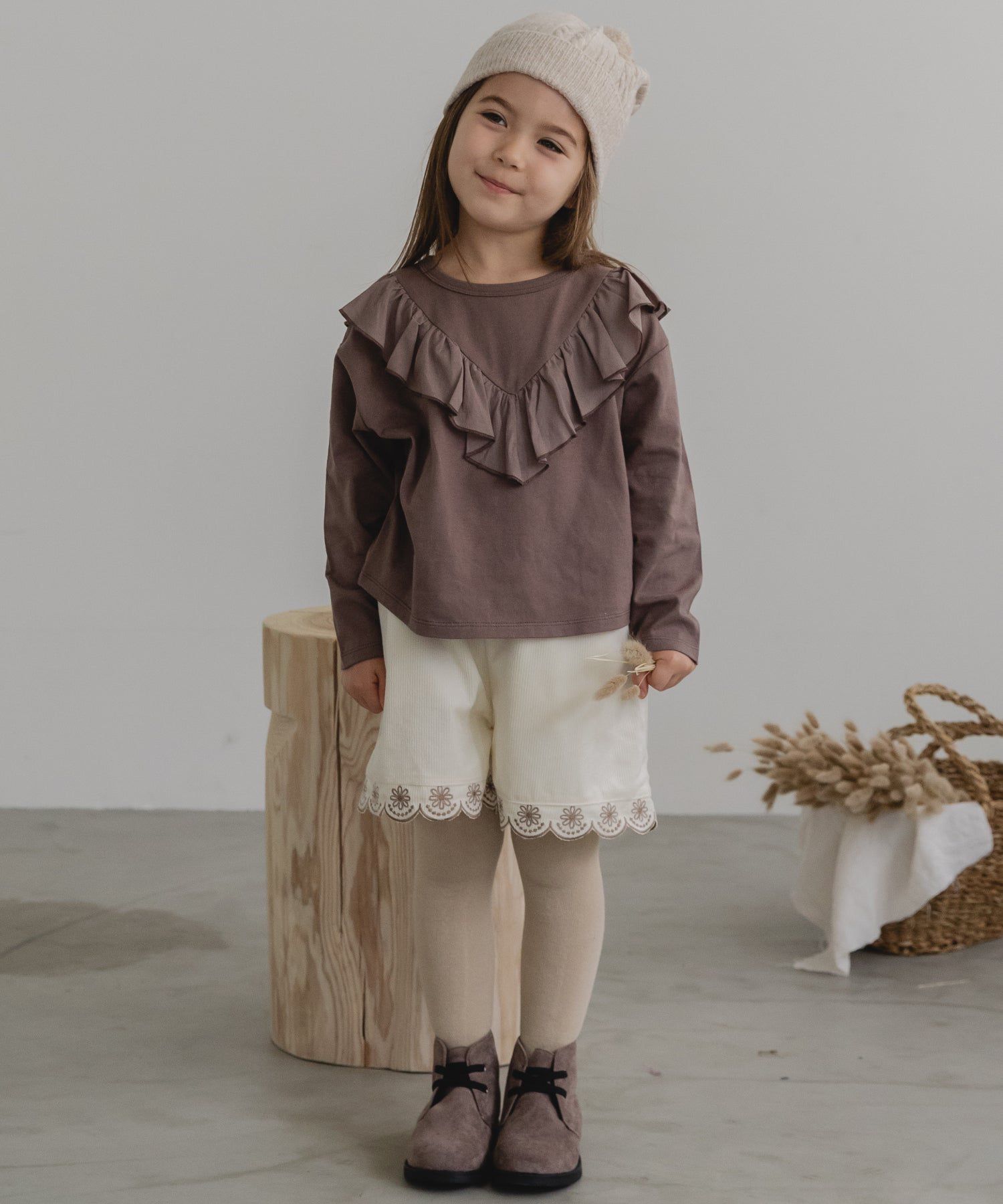 日本 PAIRMANON - 柔棉100% 可愛捲邊薄長袖上衣-桃粉