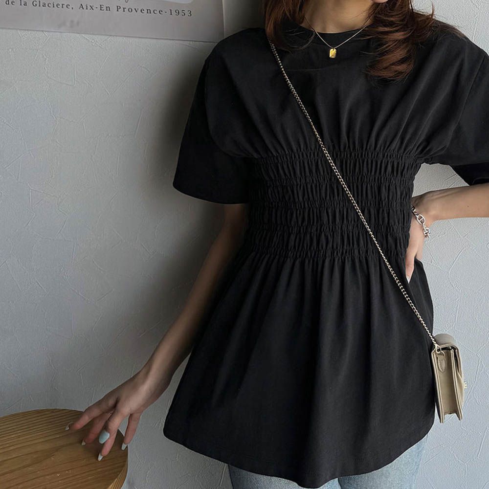 魅力腰皺摺修身短袖上衣-黑