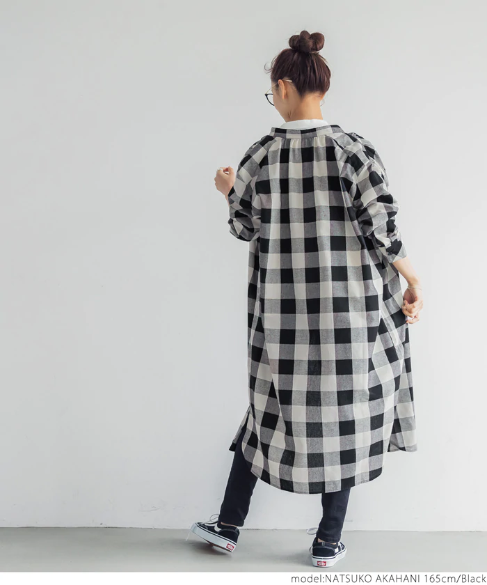 日本 COCA - 復古百搭黑白格子薄長袖襯衫洋裝/外套-黑白