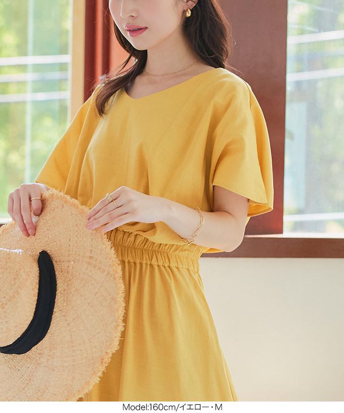 日本 Kobe Lettuce - 亞麻度假感V領修身束腰洋裝-淺卡其 (M)