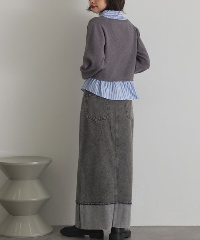 日本 ELENCARE DUE - 10oz抽鬚摺邊俐落前開叉牛仔長裙-海軍藍