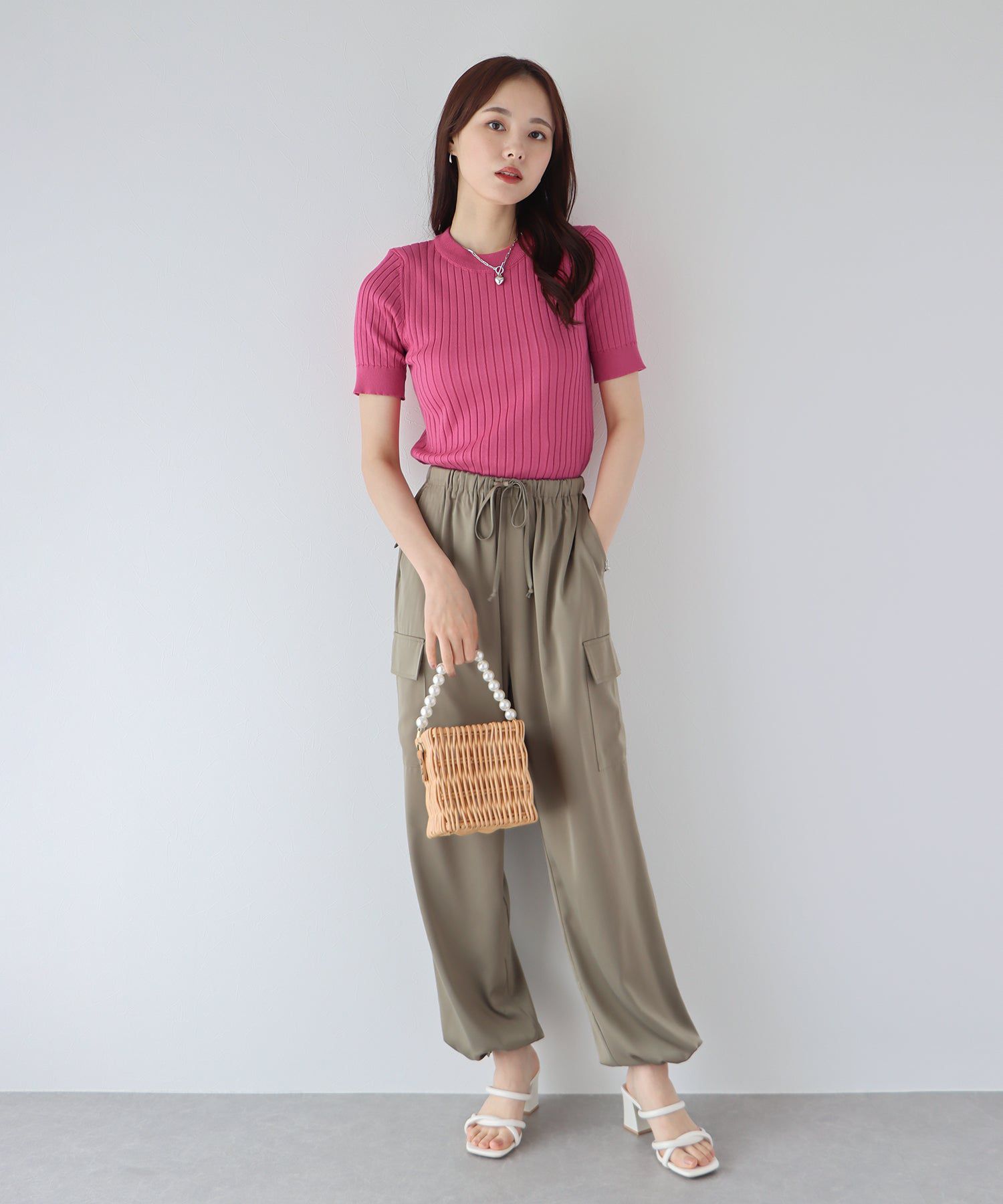 日本 BLUE EAST - 彈性寬羅紋薄針織短袖上衣-淺粉x白