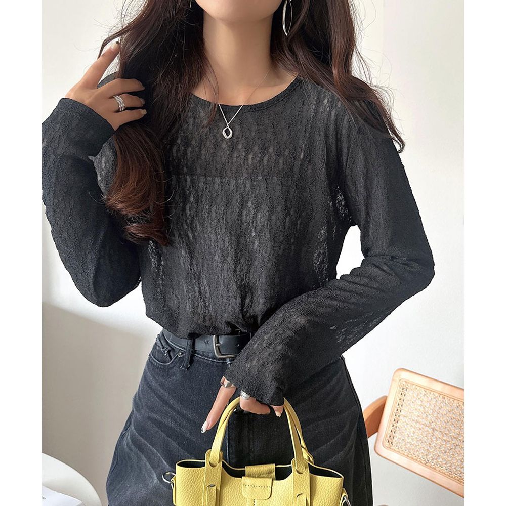 網狀蕾絲透膚圓領長袖上衣-黑