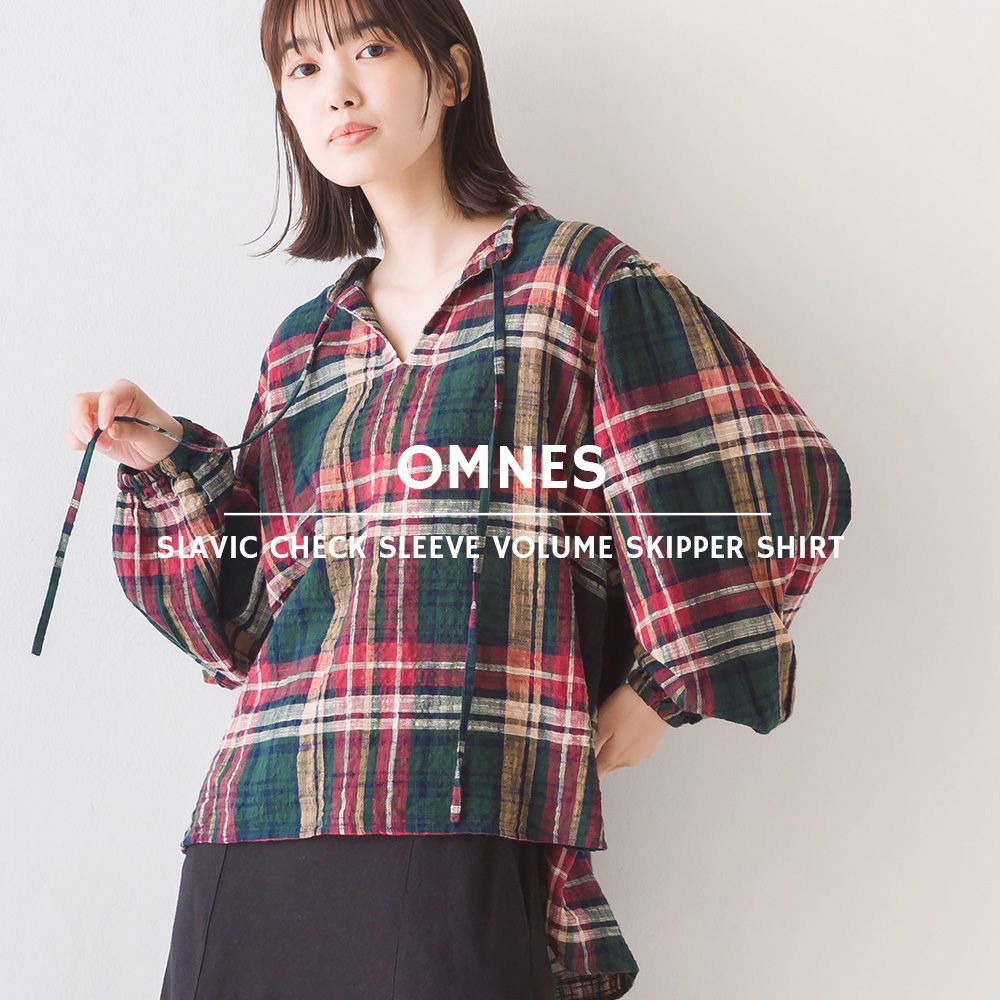 日本 OMNES - 純棉知性格紋澎澎袖上衣-黃綠紅