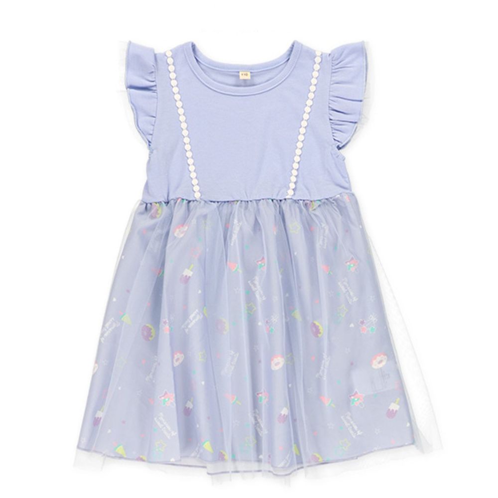 印花薄紗拼接荷葉短袖洋裝-甜點-藍紫