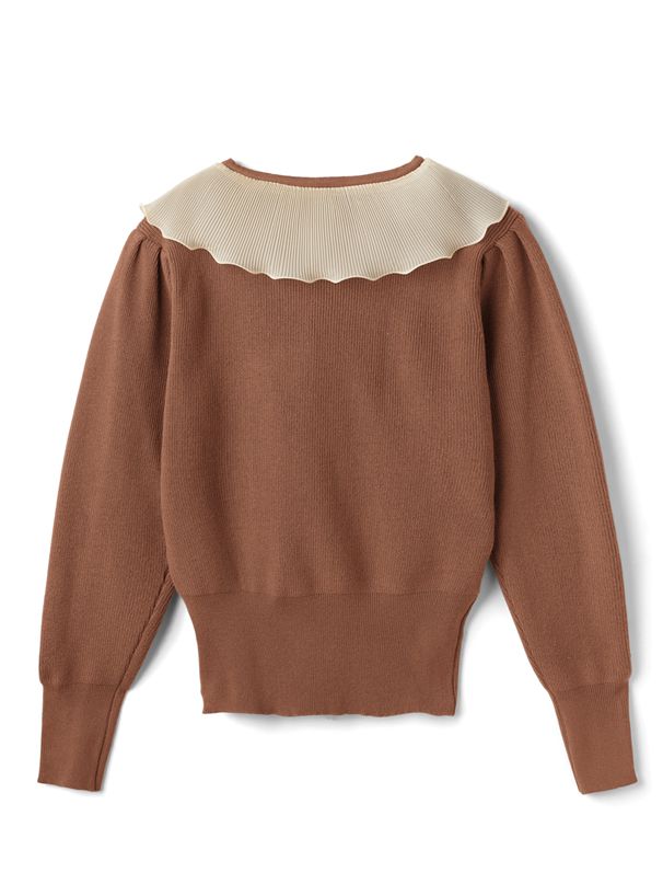 日本 GRL - 華麗貝殼紋荷葉拼接針織上衣-咖啡