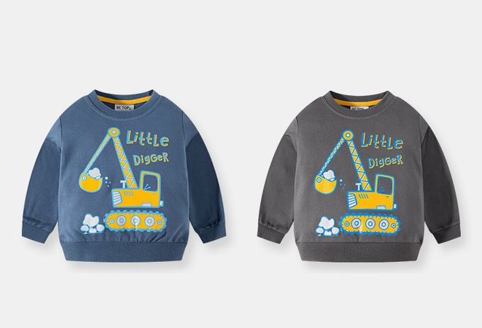 純棉圓領長袖上衣/大學T-小小挖土機-霧霾藍