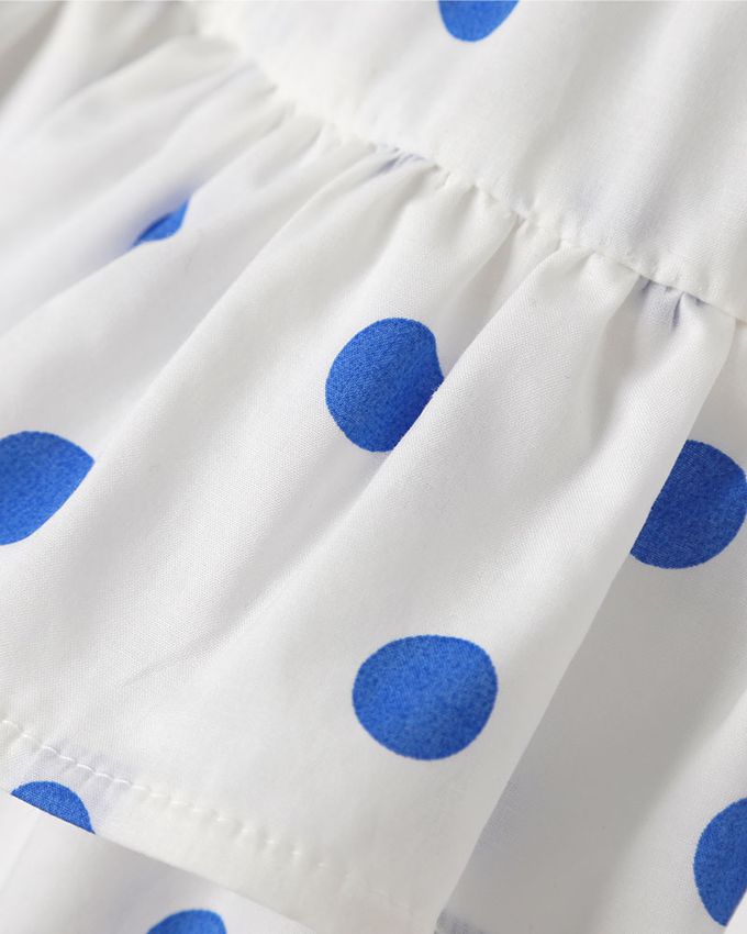 韓國 OZKIZ - 刺繡圓花裝飾層次短袖套裝-寶藍X白