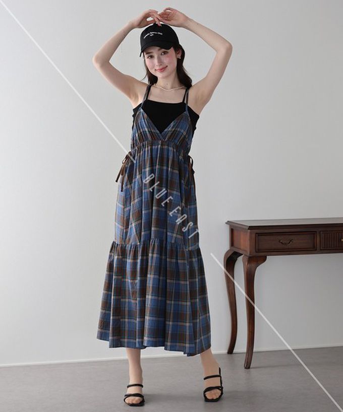 日本 BLUE EAST - 可愛格紋側蝴蝶結細肩帶洋裝-紅藍 (M)
