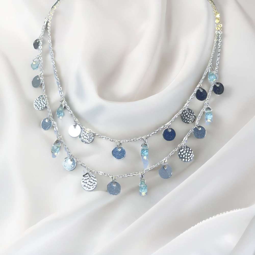 水藍串珠圓片雙層項鍊 (F SIZE)