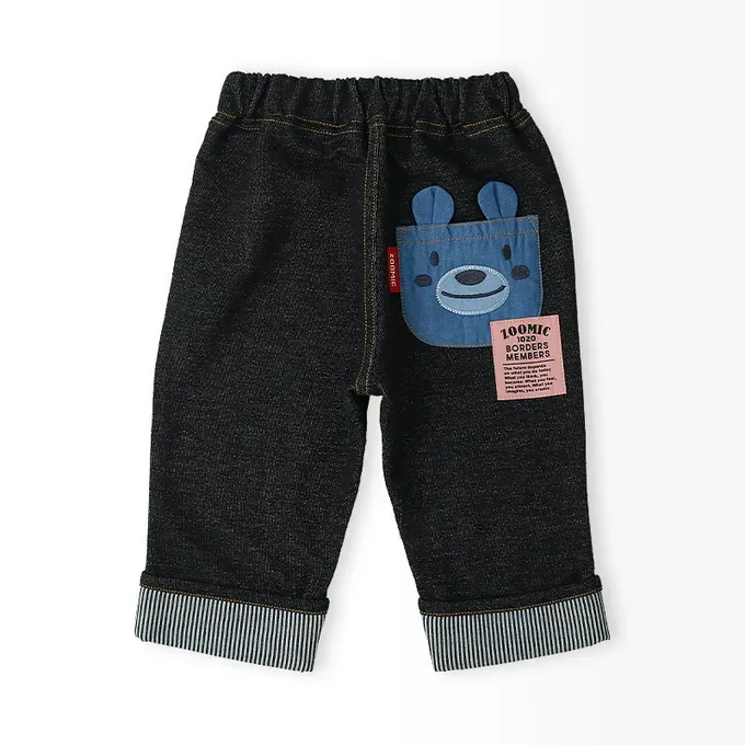 日本 ZOOLAND - 可愛熊口袋條紋反摺七分褲-貓熊-海軍藍