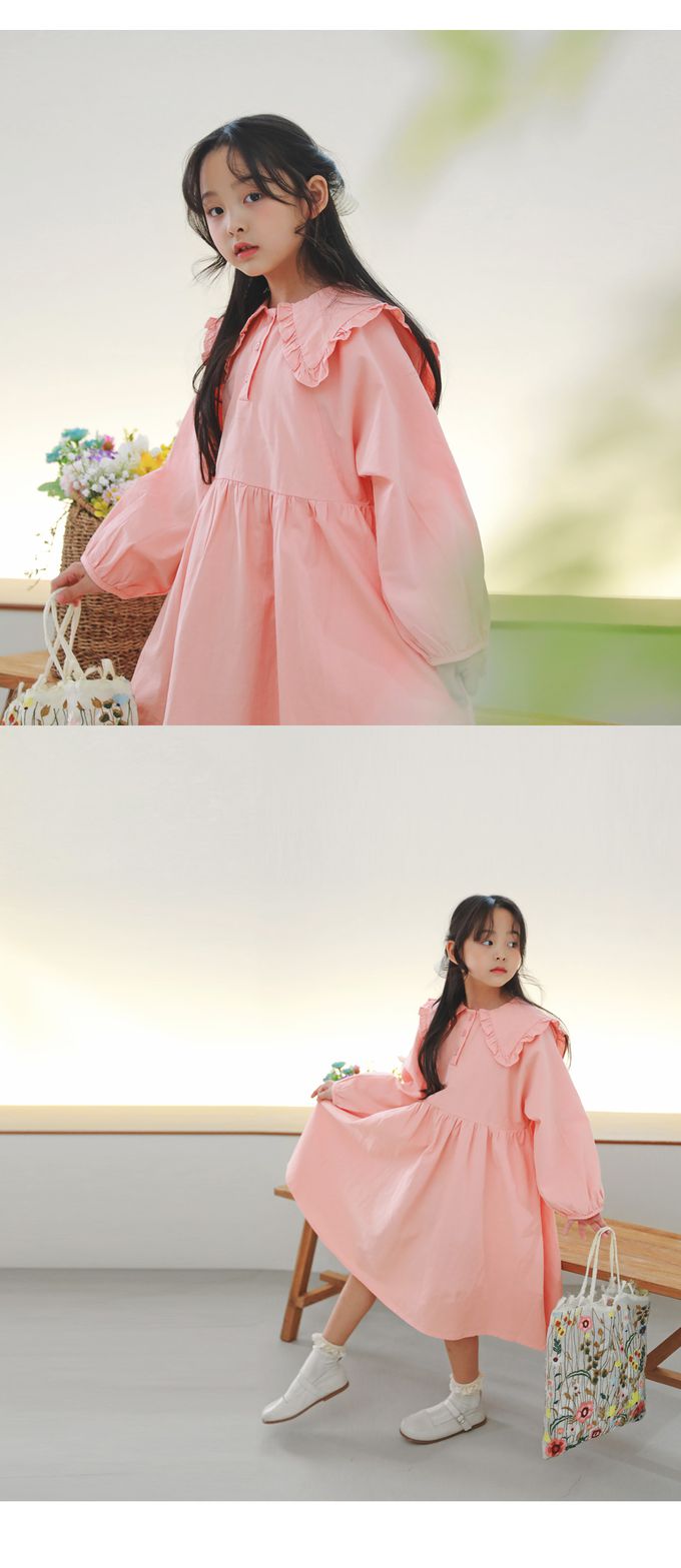 韓國 J KIDS - 優雅公主翻領連身長袖洋裝-蜜桃粉