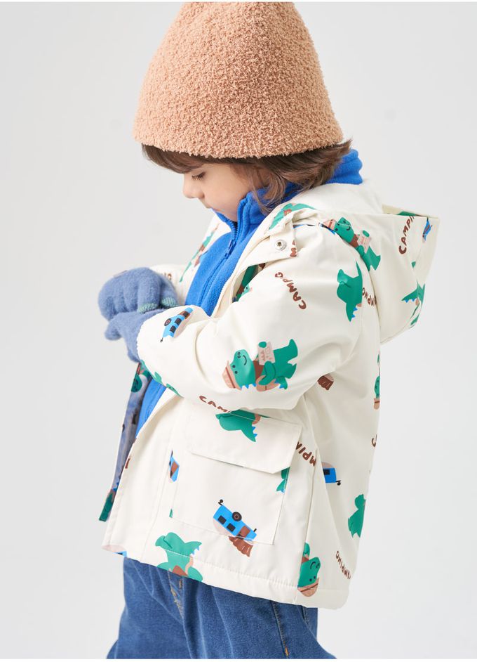 韓國 OZKIZ - (兩件式)防潑水搖粒絨連帽外套-郊遊恐龍-米白X藍